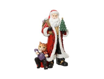 Kerstman met kat | polyresin | rood | 38cm