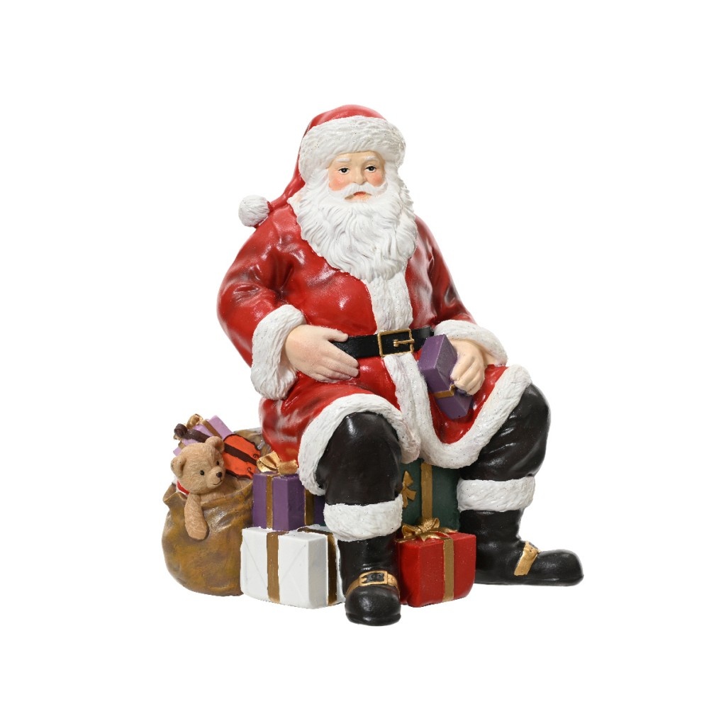 Kerstman met pakjesstapel | polyresin | rood | 19cm