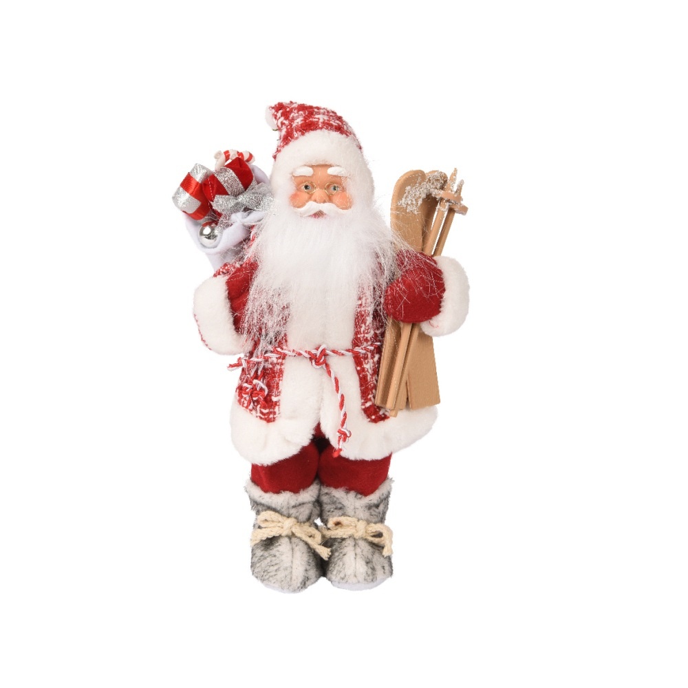 Kerstman met ski's | polyester | rood | 30cm
