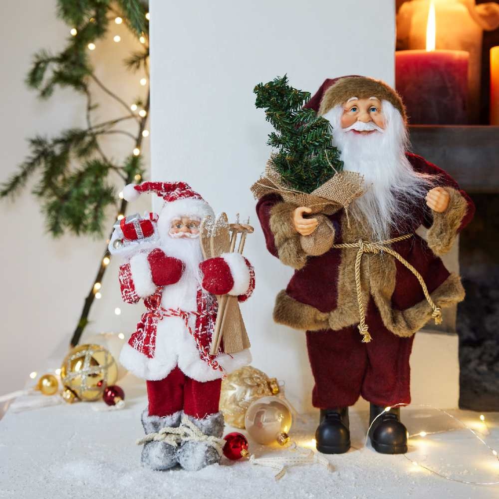 Kerstman met ski's | polyester | rood | 30cm