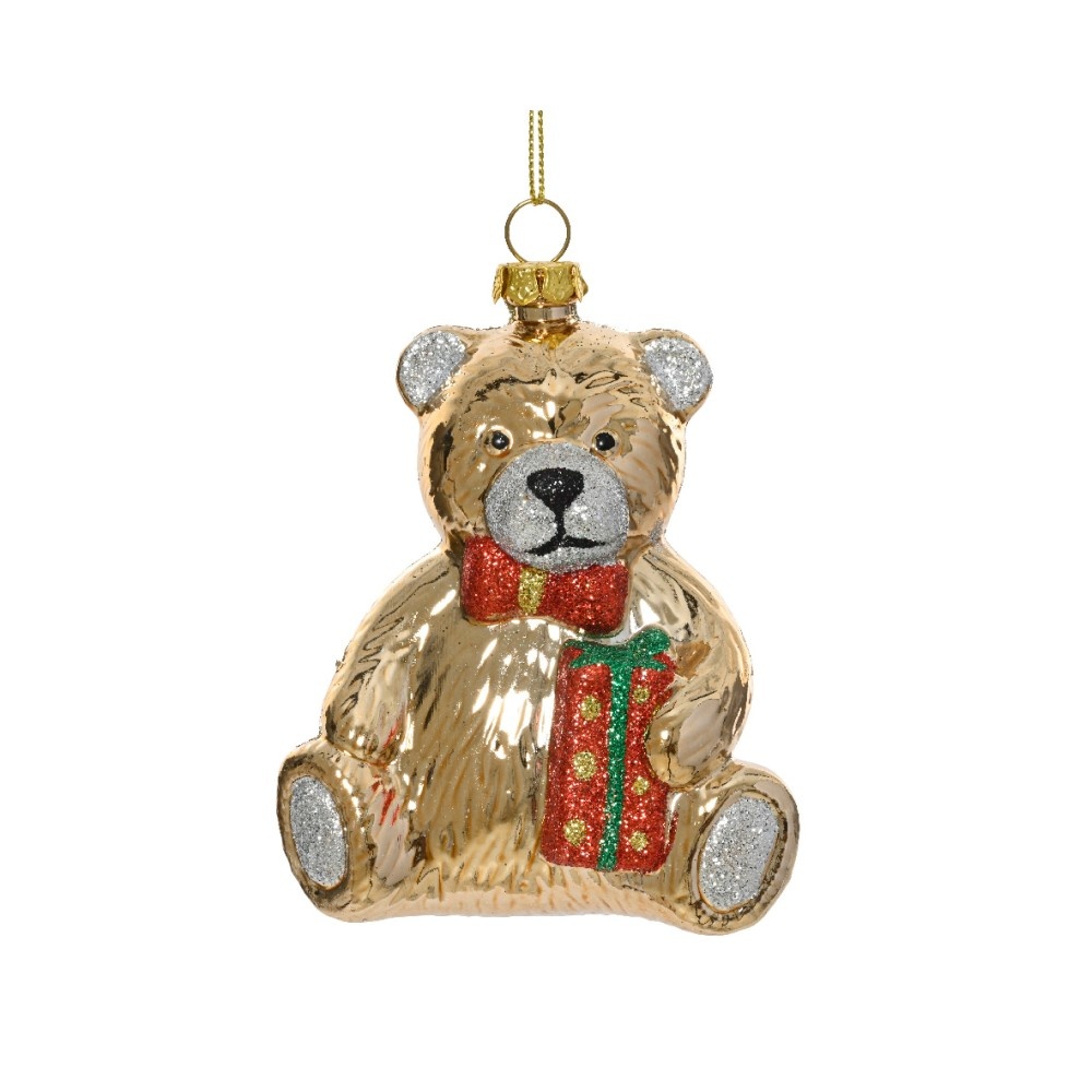 Kersthanger beer met pakjes | plastic | goud | 9,8cm