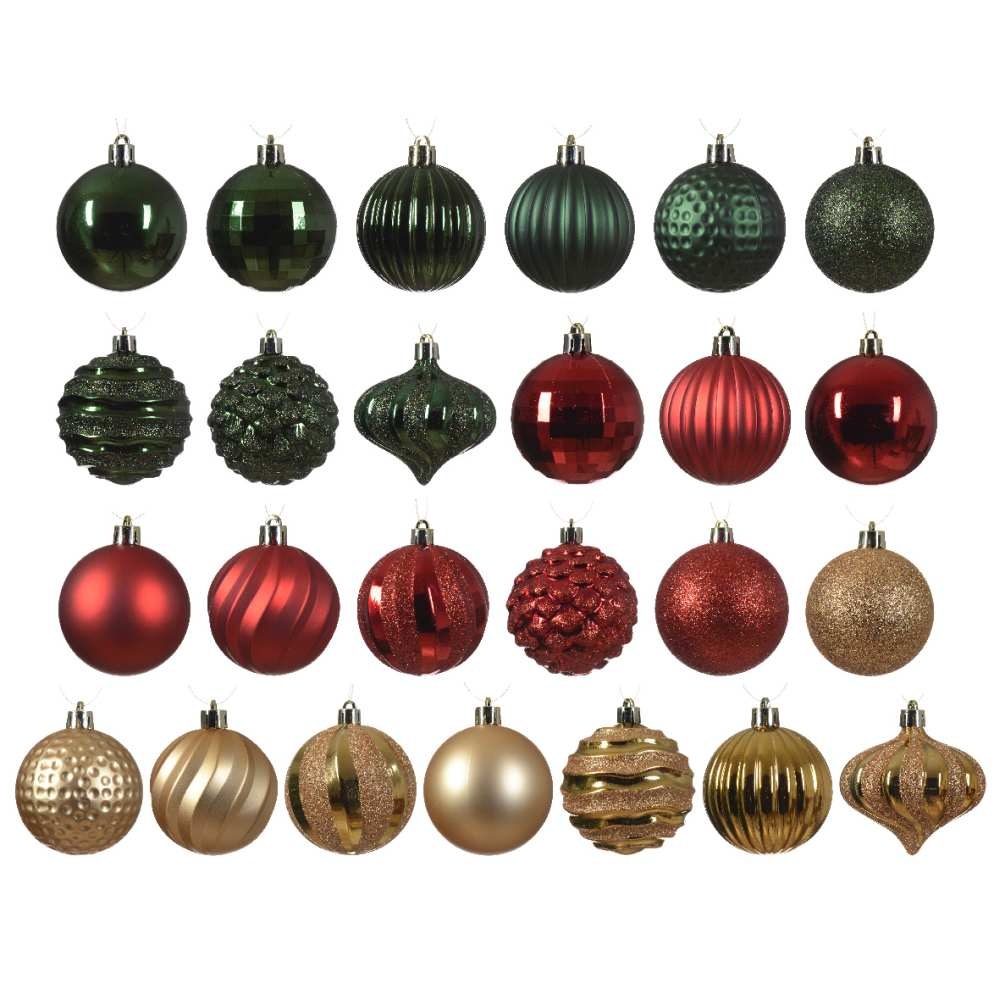 Kerstballen mixbox 25-delig | plastic | goud/groen/rood