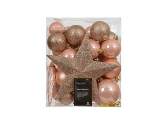 Kerstballen mixbox met piek 33-delig | parelroze | diverse maten