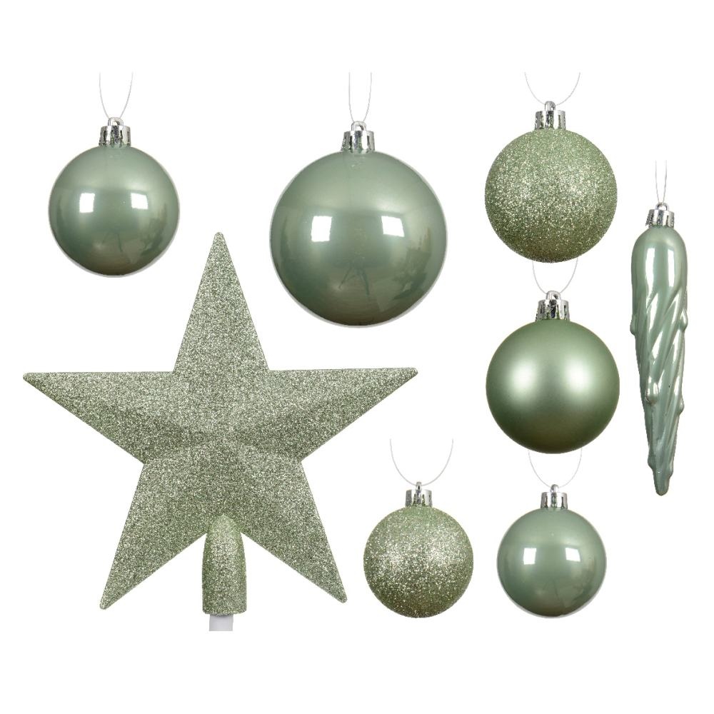 Kerstballen mixbox met piek 33-delig | lichtgroen | diverse maten