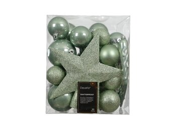 Kerstballen mixbox met piek 33-delig | lichtgroen | diverse maten