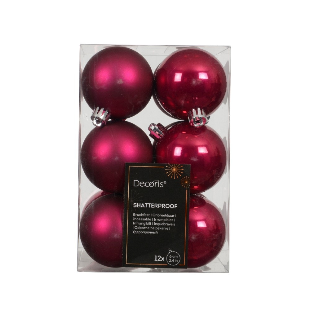 Kerstballen mixbox 12-delig | glanzend/matte | plastic | donkerroze | 6cm