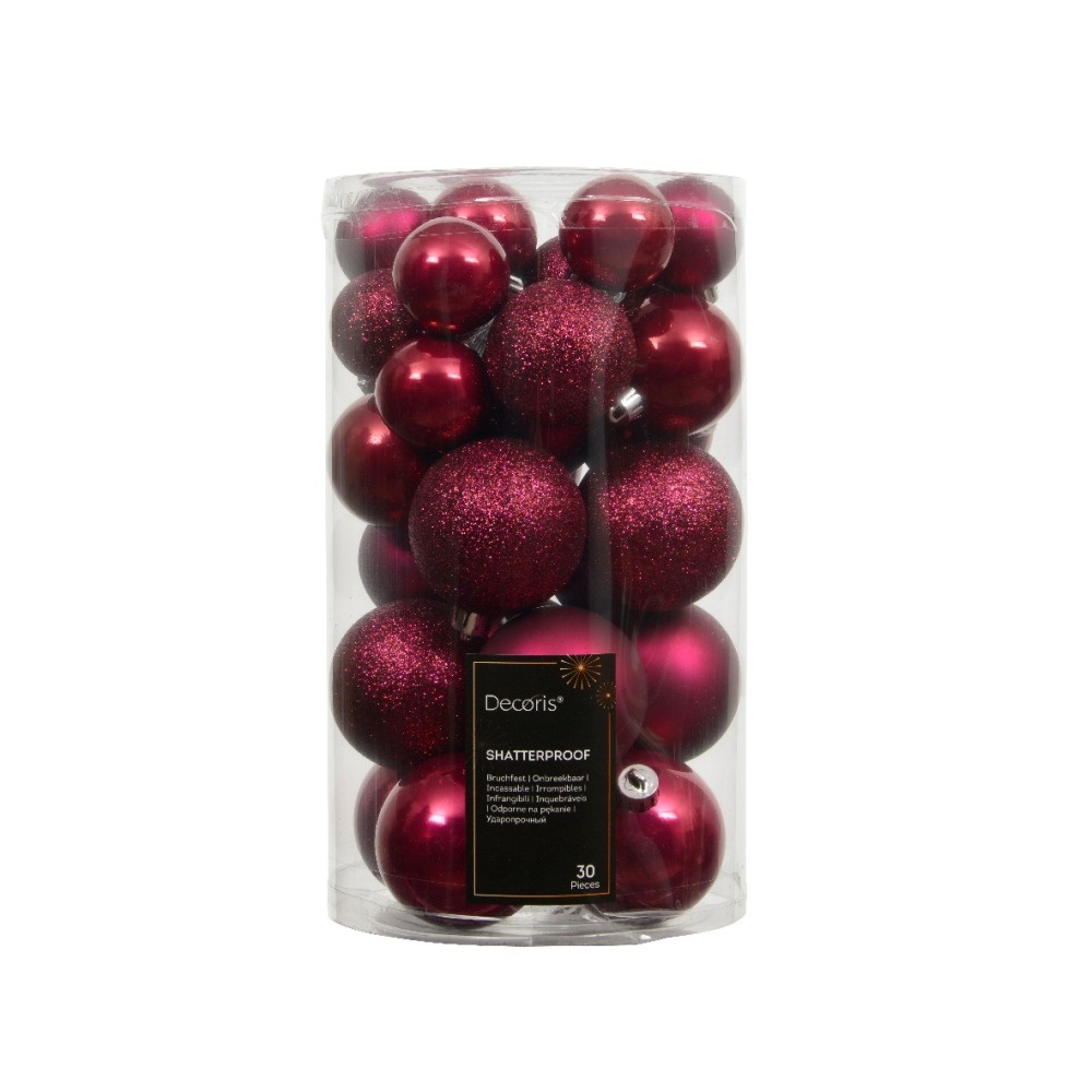 Kerstballen mixbox 30-delig | donkerroze | diverse maten