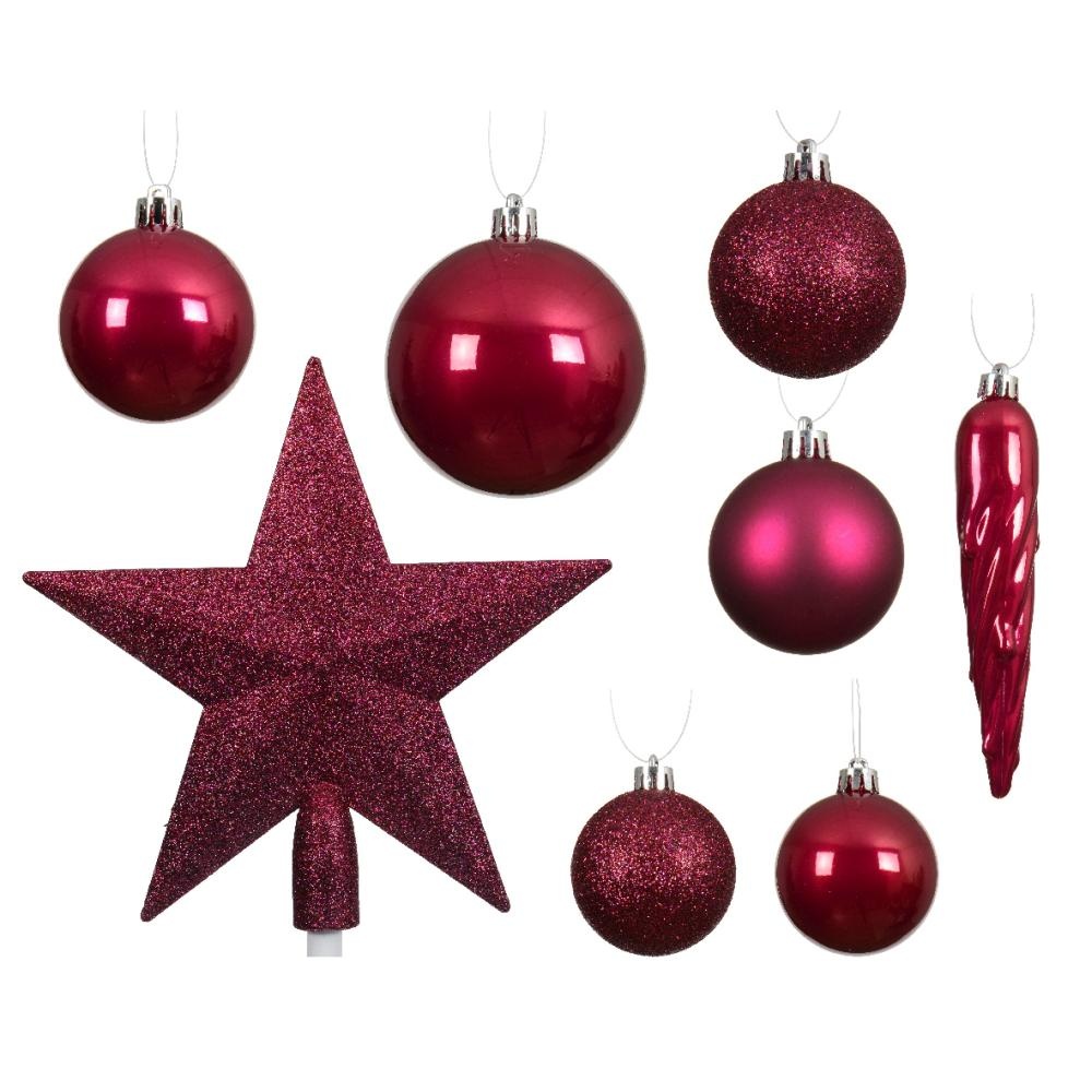 Kerstballen mixbox met piek 33-delig | donkerroze | diverse maten