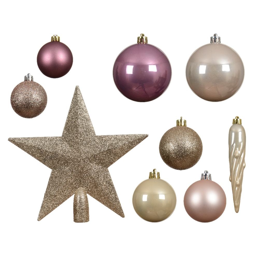 Kerstballen mixbox met piek 33-delig | roze | diverse maten