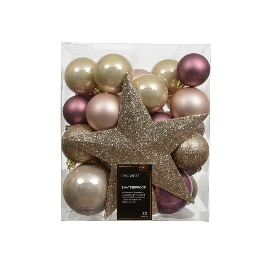 Kerstballen mixbox met piek 33-delig | roze | diverse maten