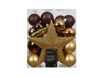 Kerstballen mixbox met piek 33-delig | bruin/goud | diverse maten