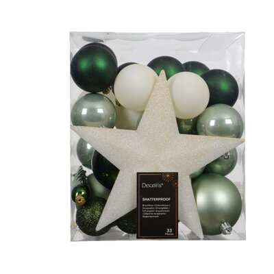 Kerstballen mixbox met piek 33-delig | groen/wit | diverse maten