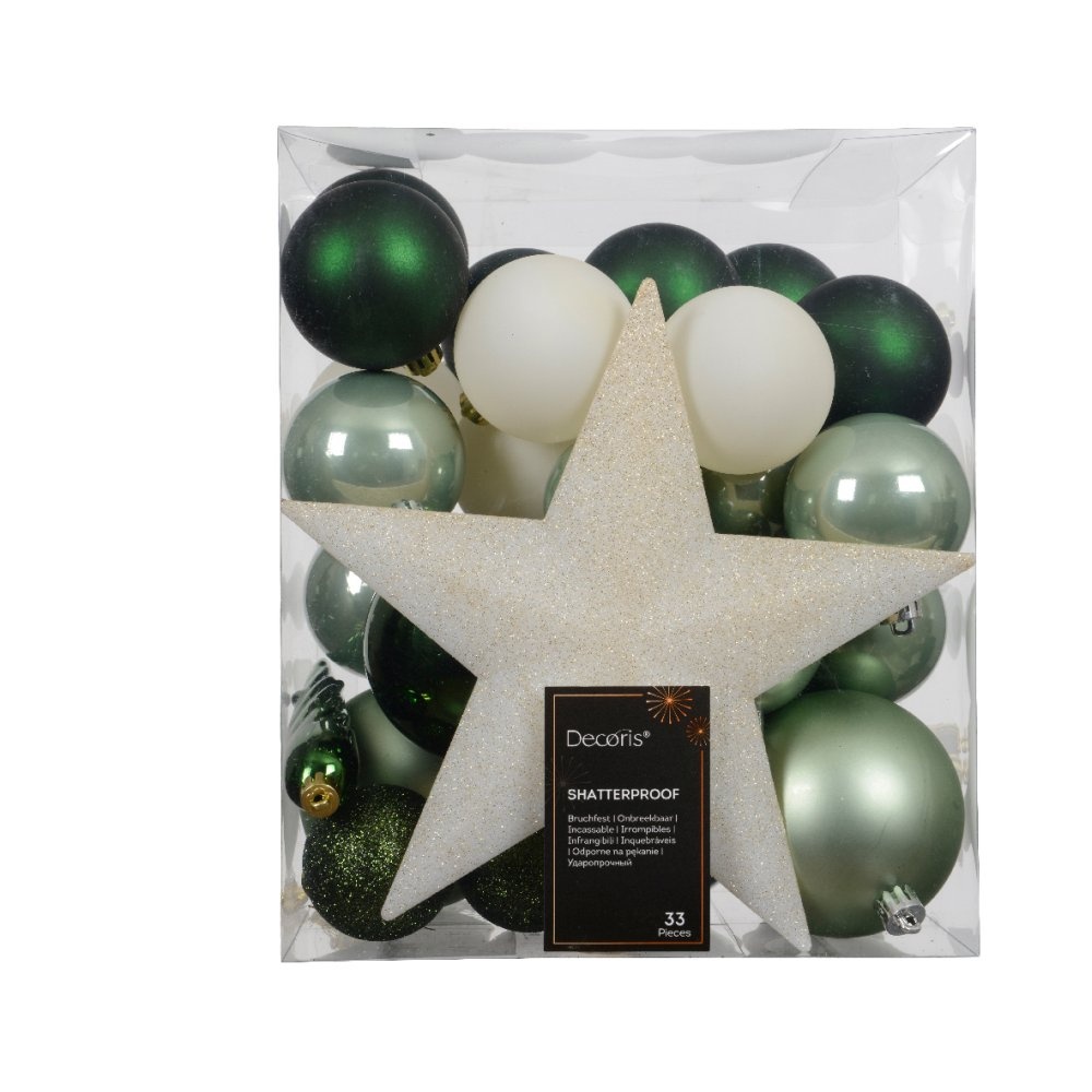 Kerstballen mixbox met piek 33-delig | groen/wit | diverse maten