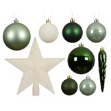 Kerstballen mixbox met piek 33-delig | groen/wit | diverse maten