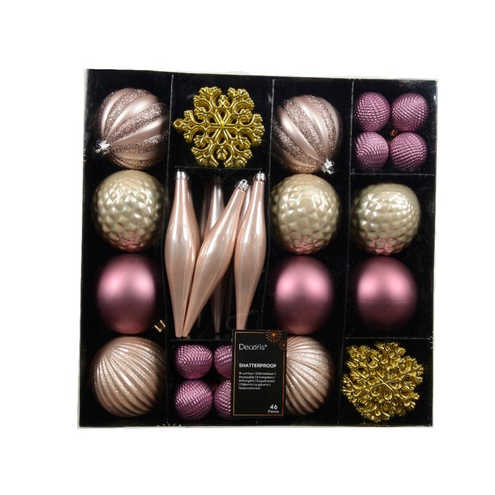 Kerstballen mixbox 46-delig | glanzend/mat/glitter | roze/goud