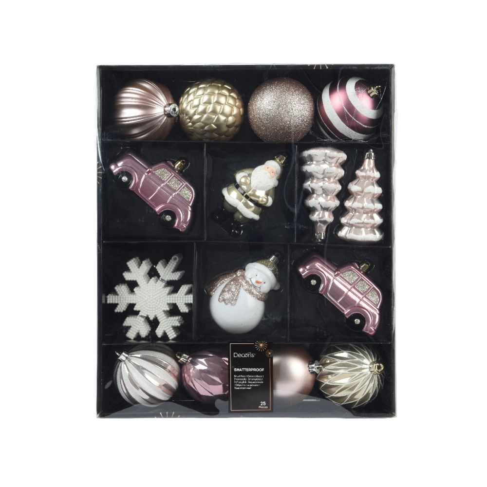 Kerstballen mixbox 25-delig | plastic | roze/wit