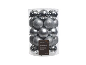Kerstballen mixbox 34-delig | glanzend/matte/glitter | plastic | zilver | 8cm