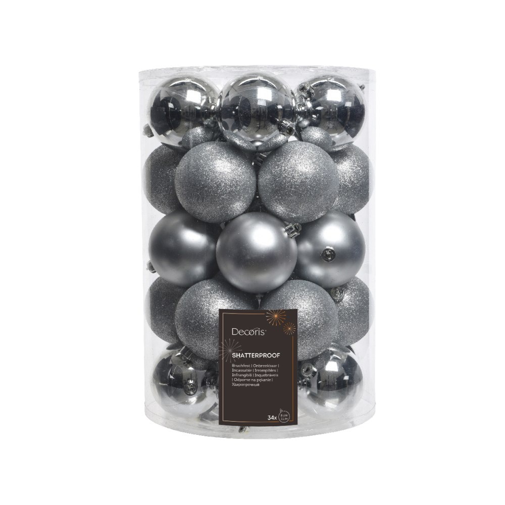 Kerstballen mixbox 34-delig | glanzend/matte/glitter | plastic | zilver | 8cm