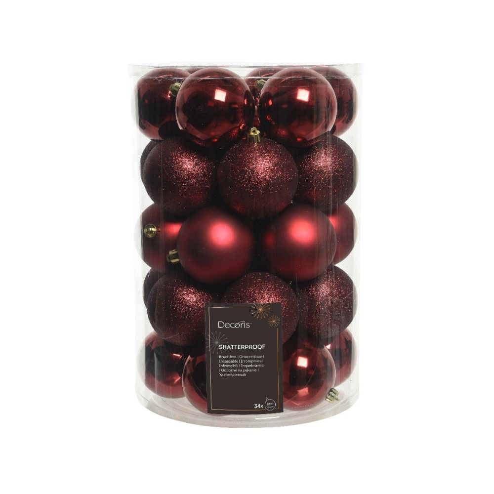 Kerstballen mixbox 34-delig | glanzend/matte/glitter | plastic | ossenbloed | 8cm