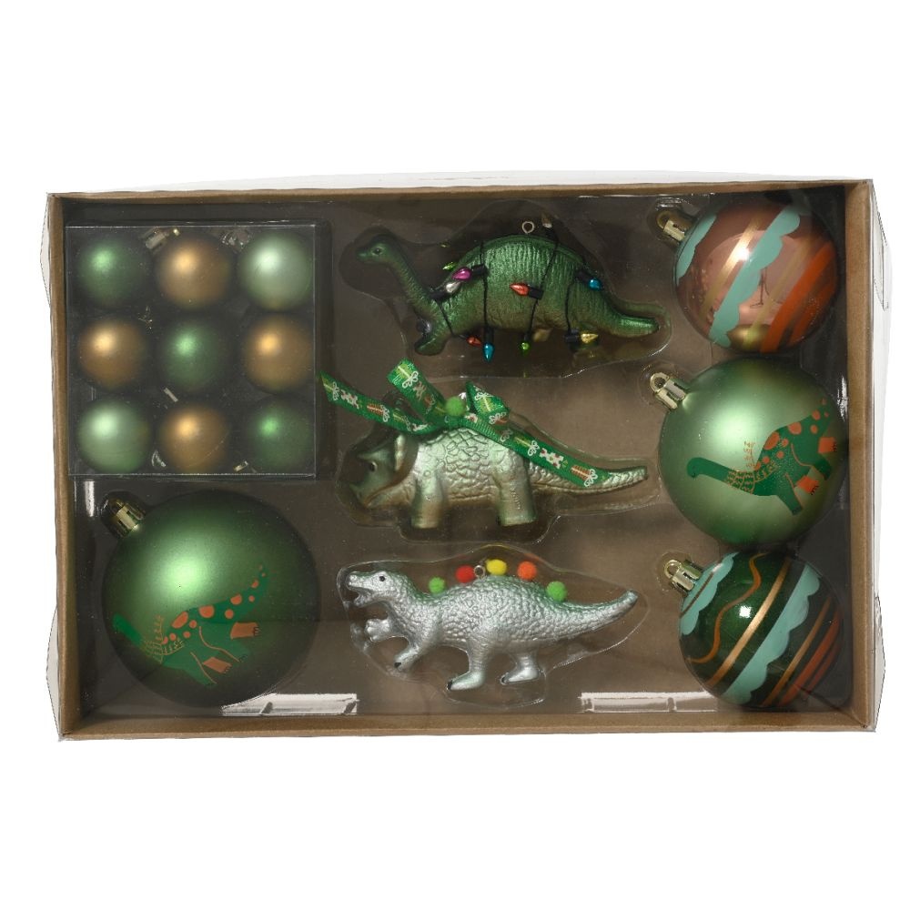 Kerstballen mixbox van dinosaurussen 25-delig | plastic | groen