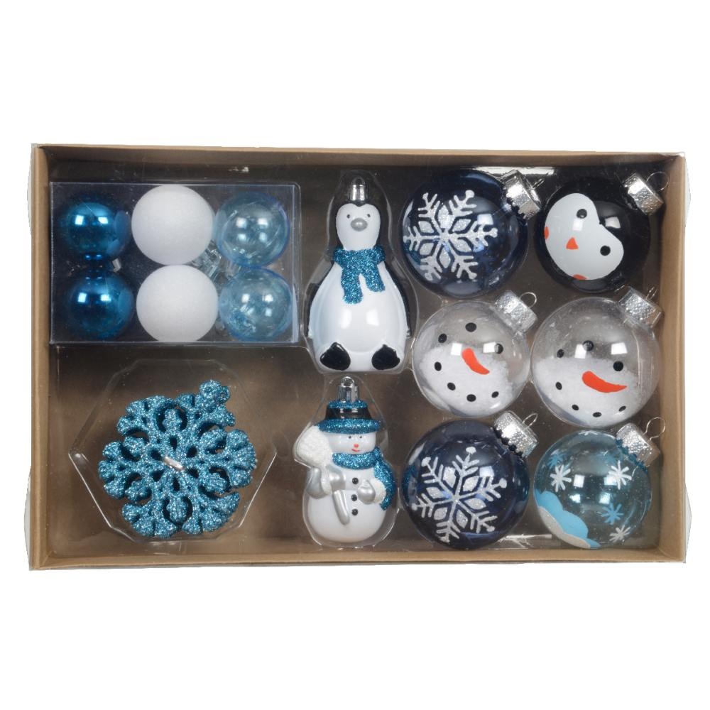 Kerstballen mixbox van sneeuwpoppen 30-delig | plastic | blauw/wit