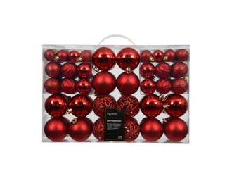 Kerstballen mixbox 100-delig | glanzend/matte/glitter | plastic | rood | diverse maten