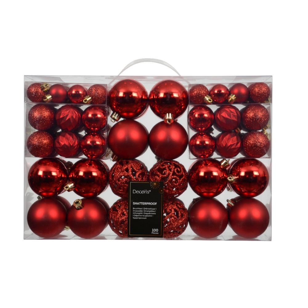 Kerstballen mixbox 100-delig | glanzend/matte/glitter | plastic | rood | diverse maten