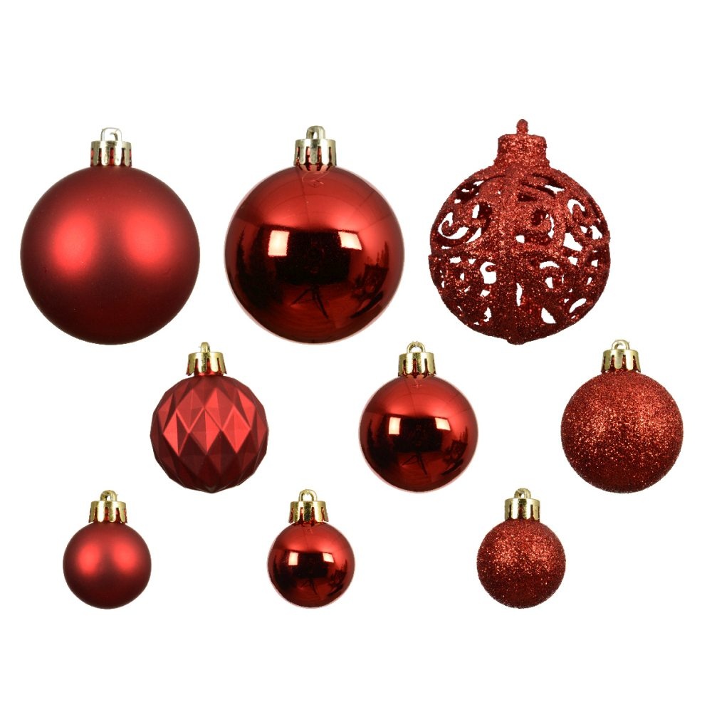 Kerstballen mixbox 100-delig | glanzend/matte/glitter | plastic | rood | diverse maten