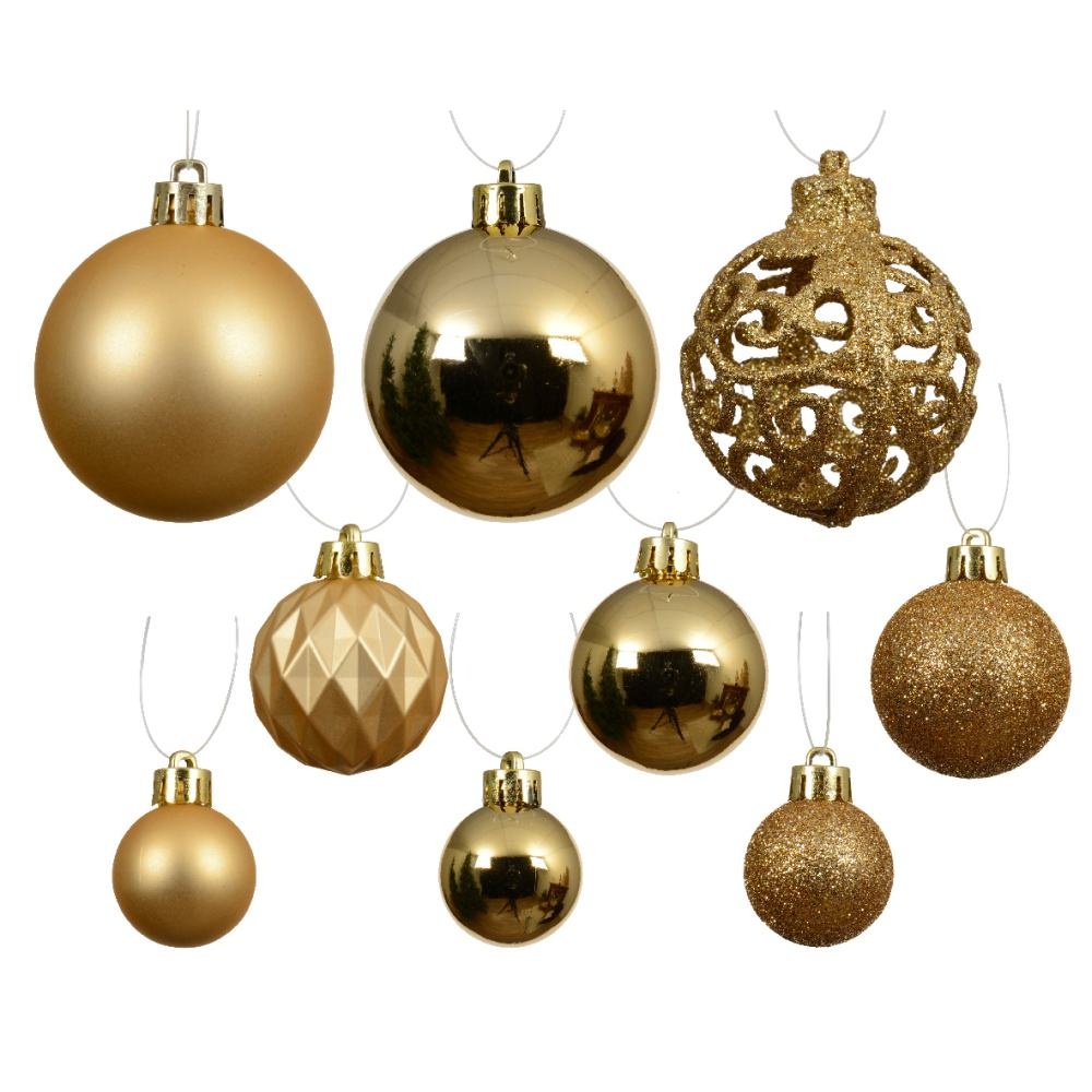 Kerstballen mixbox 100-delig | glanzend/matte/glitter | plastic | goud | diverse maten