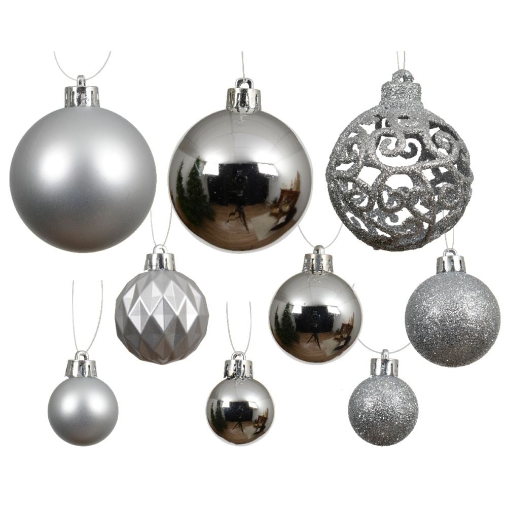 Kerstballen mixbox 100-delig | glanzend/matte/glitter | plastic | zilver | diverse maten