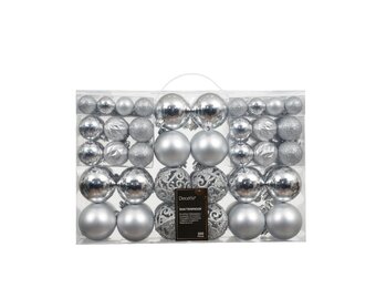 Kerstballen mixbox 100-delig | glanzend/matte/glitter | plastic | zilver | diverse maten