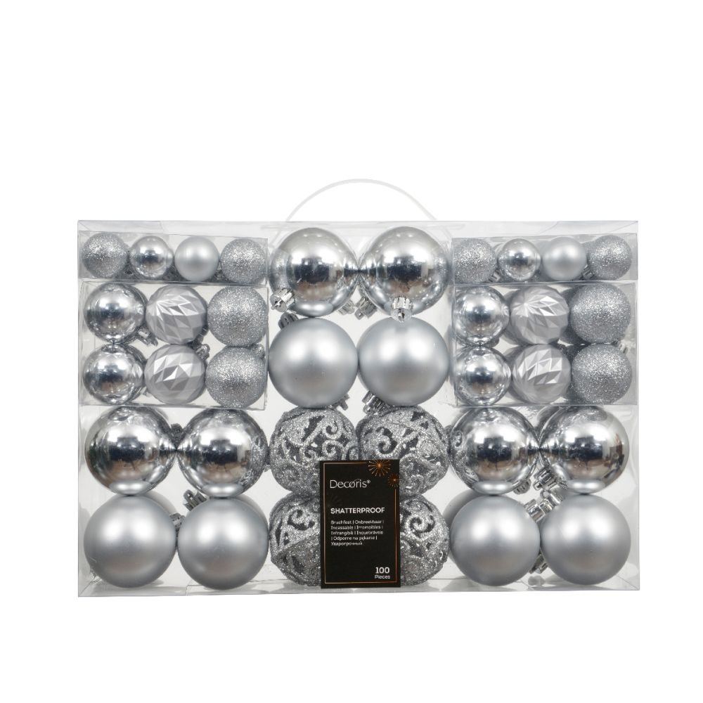 Kerstballen mixbox 100-delig | glanzend/matte/glitter | plastic | zilver | diverse maten