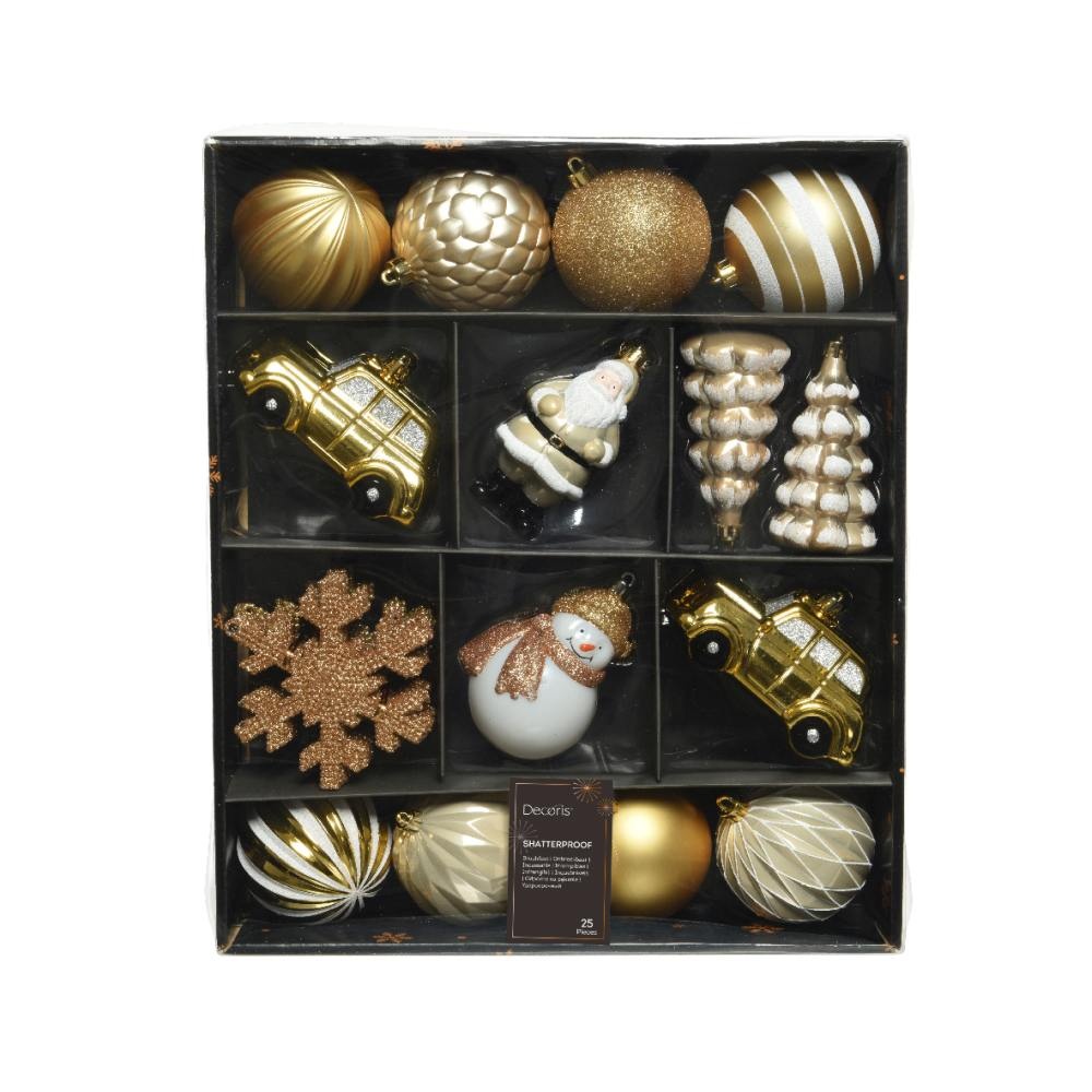Kerstballen mixbox 25-delig | plastic | goud/wit