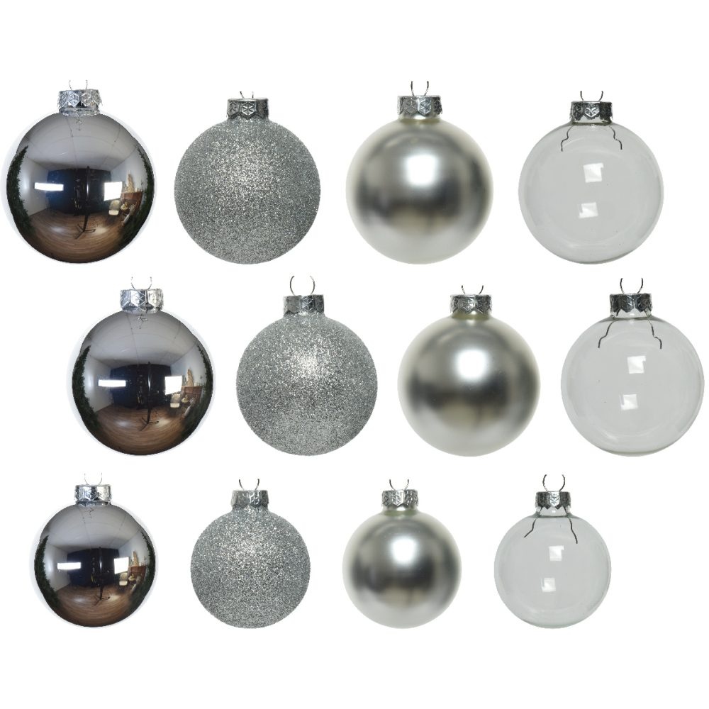 Kerstballen mixbox 42-delig | glanzend/matte/glitter | glas | zilver | diverse maten