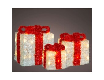 Cadeaus met strik en LED lampjes | 3-delig | kunststof | wit/rood