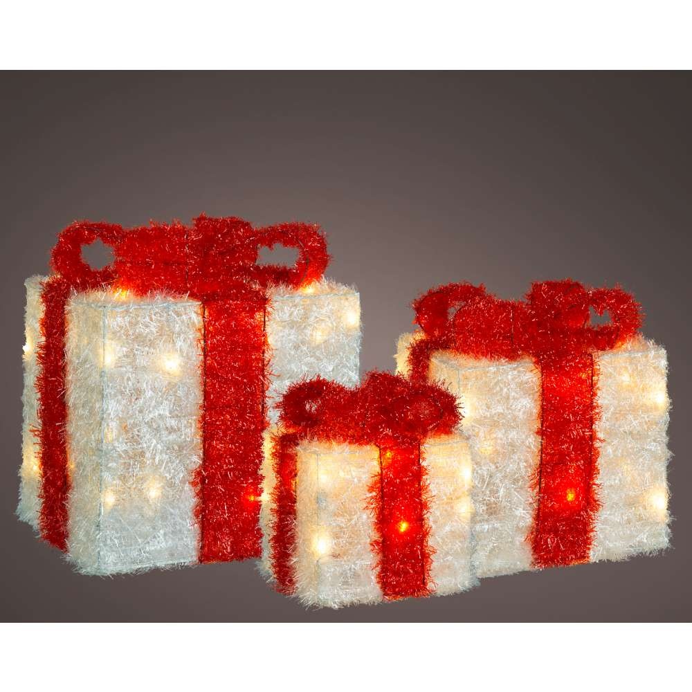 Cadeaus met strik en LED lampjes | 3-delig | kunststof | wit/rood