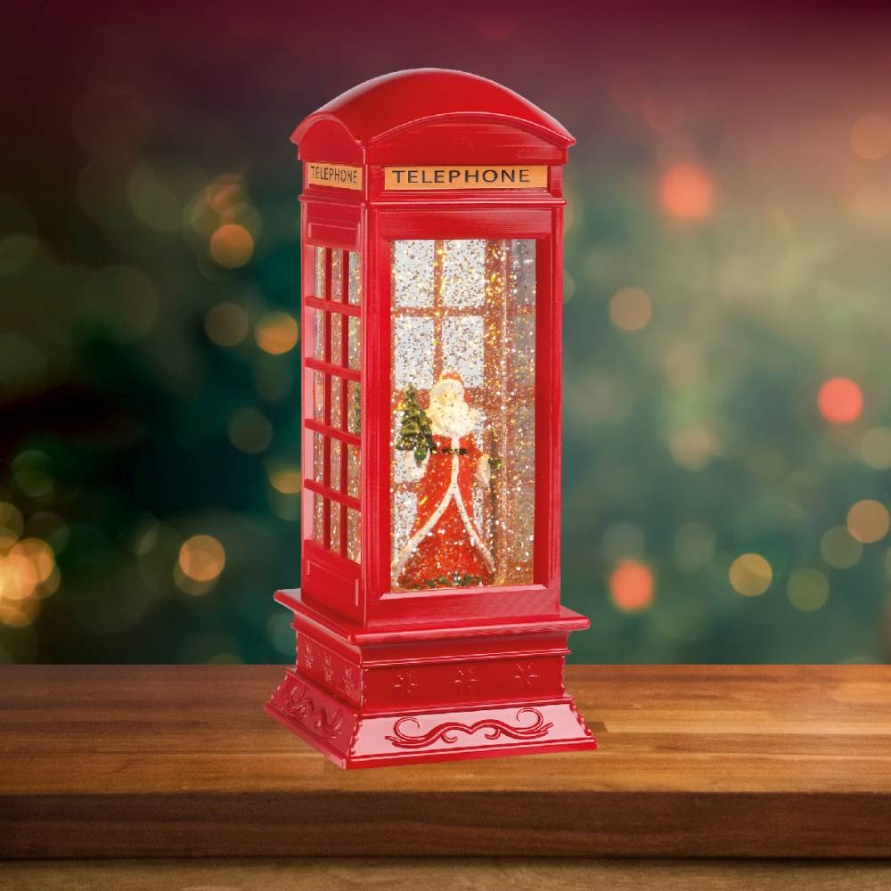 Sneeuwbol telefoonhokje met LED lampjes | rood | 27cm