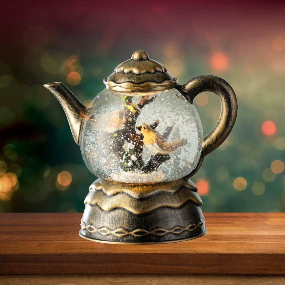 Sneeuwbol theepot met LED lampjes | goud/warm wit | 18cm