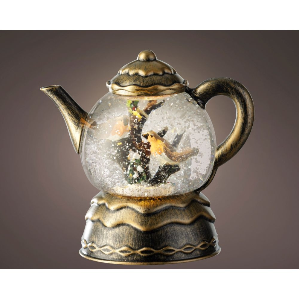 Sneeuwbol theepot met LED lampjes | goud/warm wit | 18cm