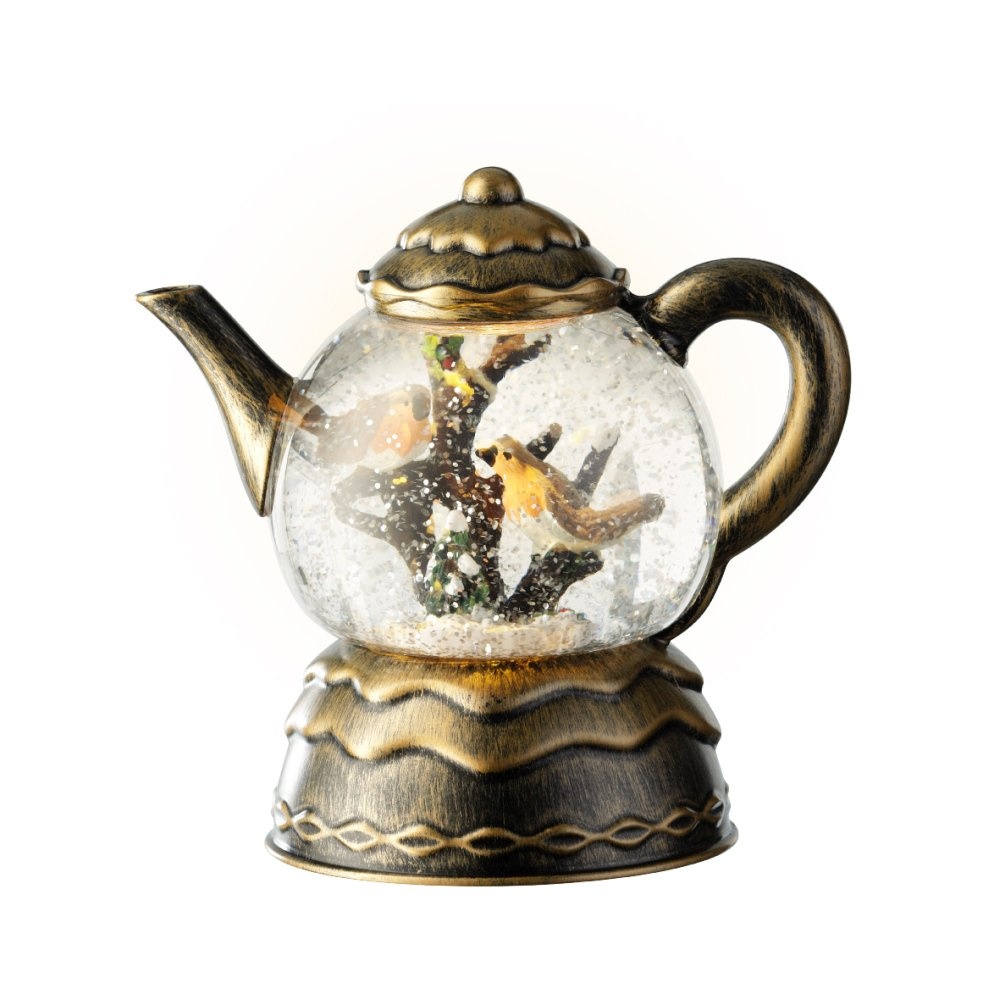 Sneeuwbol theepot met LED lampjes | goud/warm wit | 18cm