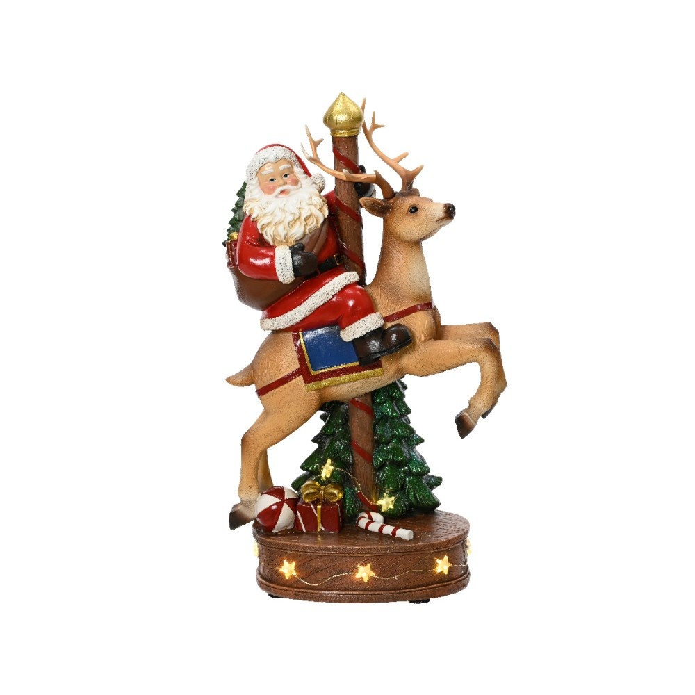 Kerstman op rendier | met LED verlichting | polyresin | bruin | 33,5cm