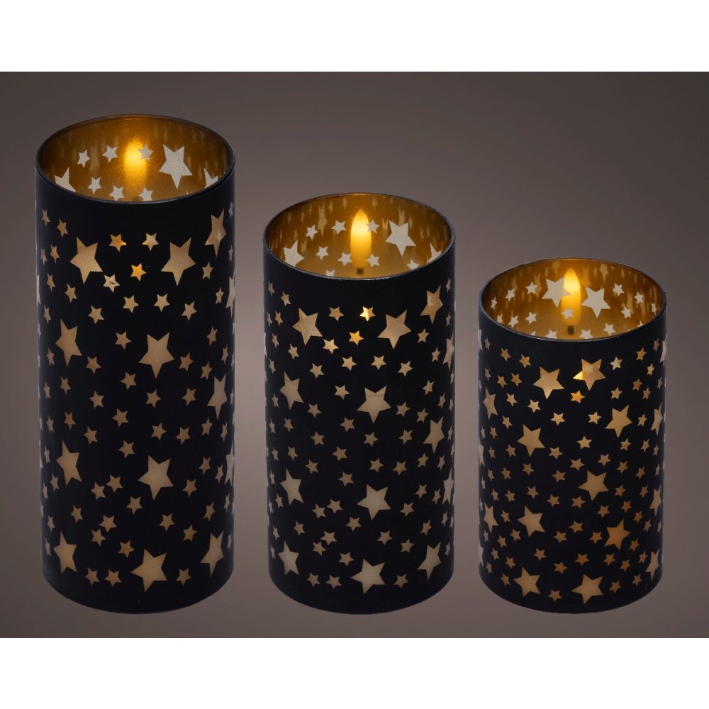 LED kaarsen met sterren set van 3 | wax | goud/warm wit | ø7,5x15/12,5/10cm