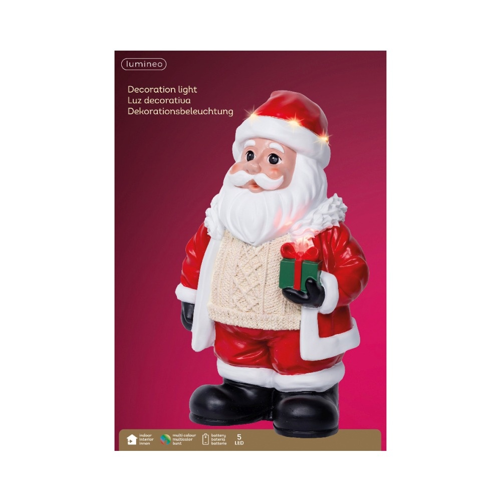 Kerstman met pakje | met LED verlichting | polyresin | rood/wit | 34,5cm