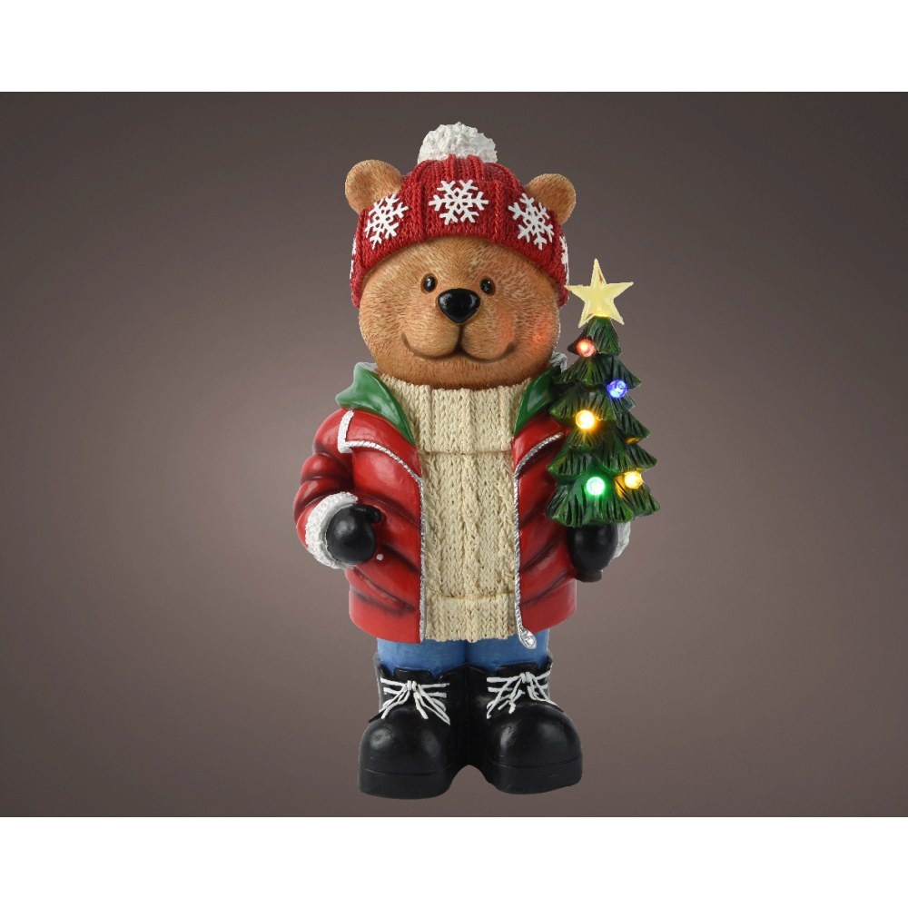 Beer met kerstboom | met LED verlichting | polyresin | rood | 38cm