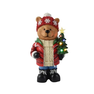 Beer met kerstboom | met LED verlichting | polyresin | rood | 38cm