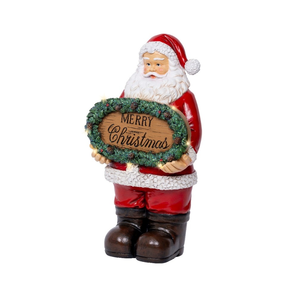 Kerstman met Merry Christmas | met LED verlichting | polyresin | rood/bruin/groen | 30cm