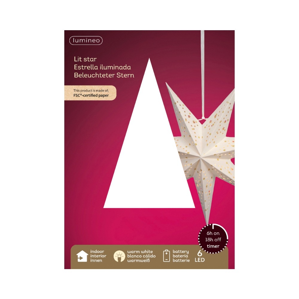 Kersthanger ster met LED lampjes | papier | wit | 18,5cm