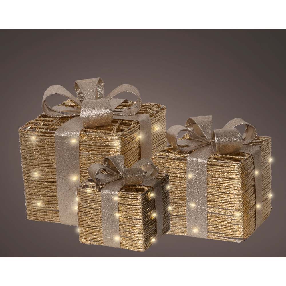 Cadeaus met LED lampjes | 3-delig | papier | goud