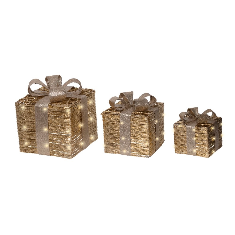 Cadeaus met LED lampjes | 3-delig | papier | goud