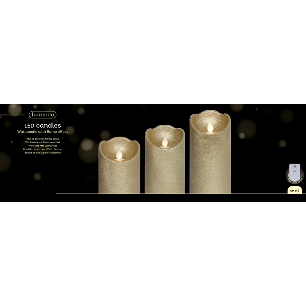 LED kaars set van 3 | wax | goud/warm wit met bewegend lampje | ø7,5x15/12,5/10cm